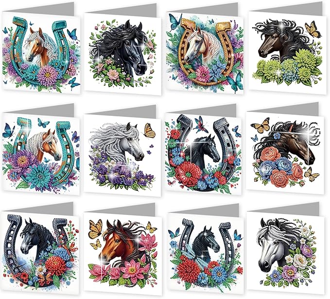 jinglinhh 12pcs Diamond Art Painting Flowers Horse Greeting Cards with Envelopes, DIY Card Making Kits for Adults, Diamond Art Christmas Cards for Birthday Holiday Postcards Craft Gifts