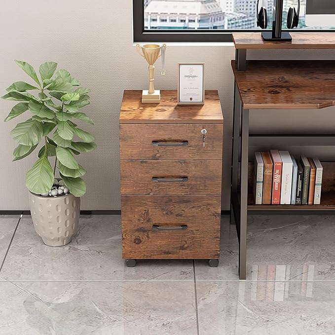 File Cabinet 3 Drawers with 1 Lock Wooden Rolling Mobile Filing Cabinet with Wheels for Home Office Under Desk File Cabinet Office Storage Cabinet, Brown