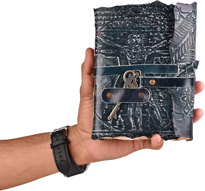 LEATHER VILLAGE Genuine Leather Handmade Journal for Men & Women – Vitruvian Man Embossed Cover – Key Closure – Book of Shadow – Vintage Deckle Edge Paper for Writing, Drawing – 7x5 Inches – Turquoise