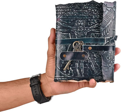 LEATHER VILLAGE Genuine Leather Handmade Journal for Men & Women – Vitruvian Man Embossed Cover – Key Closure – Book of Shadow – Vintage Deckle Edge Paper for Writing, Drawing – 7x5 Inches – Turquoise