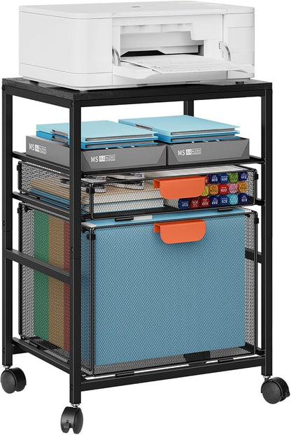 Marbrasse Rolling File Cart with Handle, Mobile File Cabinet on Lockable Wheels, Office Filing Cabinet Organizer, Printer Stand with Hanging File Folder Organizer for Home Office - Dark Brown