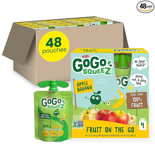 GoGo squeeZ Applesauce and Fruit Puree, Apple Banana, 3.2 oz (Pack of 48), Unsweetened Fruit Snacks for Kids, Gluten Free, Nut Free and Dairy Free, BPA Free Pouches (Packaging May Vary)