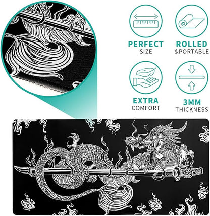 Dragon Gaming Mouse Pad Black Large Mouse Pad for Keyboard and Mousepad Desk Mat with 3mm Non-Slip Base and Stitched Edge for Gaming and Office Computer Mat Protector Mat 27.6x11.8 Inch