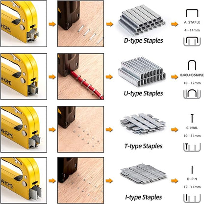 Upholstery 4 in 1 Staple Gun Heavy Duty, with 6000 Staples, Remover, Gloves, Manual Brad Nailer Power Adjustment Stapler Gun for Wood, Upholstery, Carpentry, Decoration DIY Staple Gun