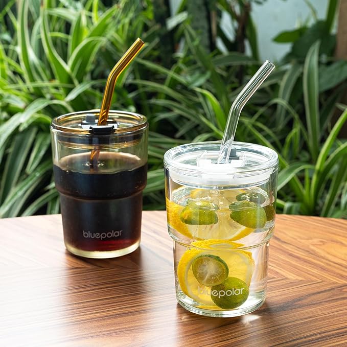 13oz/400ml Glass Water Tumbler with Straw and Lid Sealed Carry On Thick Wall Iced Coffee Cup Glass Cup for Water, Iced Tea Fruit Juice Etc (Amber-2PACK)