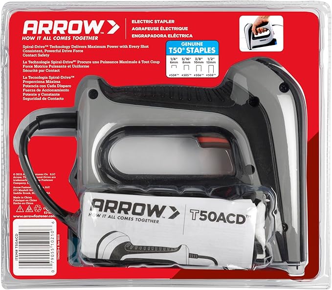 Arrow T50ACD Heavy Duty Corded Electric Staple Gun for Upholstery, Furniture, Office, Decorating, Fits 1/4", 5/16”, 3/8", or 1/2" Staples