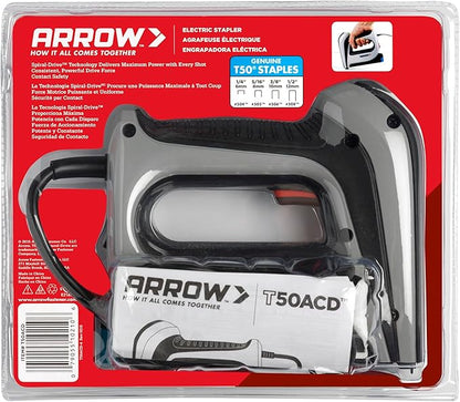 Arrow T50ACD Heavy Duty Corded Electric Staple Gun for Upholstery, Furniture, Office, Decorating, Fits 1/4", 5/16”, 3/8", or 1/2" Staples