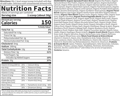 Garden of Life Meal Replacement Shakes, Vegan Protein Powder, Raw Organic Meal, Lightly Sweet Powder with Plant Based Pea Protein, Sprouts, Greens, Probiotics, Dairy Free 14 Servings