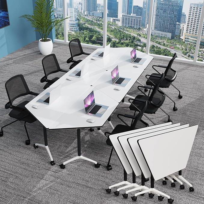 Conference Table, Foldable Conference Room Tables with Silent Wheels, Folding Modular Seminar Meeting Tables, Modern Rectangle Training Table for Office, Boardroom (4, Trapezoidal, 47.2)