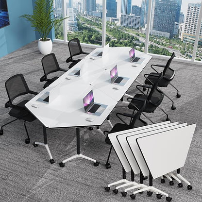 Conference Table, Foldable Conference Room Tables with Silent Wheels, Folding Modular Seminar Meeting Tables, Modern Rectangle Training Table for Office, Boardroom (4, Trapezoidal, 47.2)