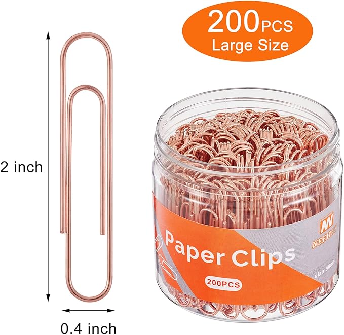 NEEWAY Rose Gold Paper Clips, 200 Count Large Size, 2 Inch Jumbo Paperclips, School and Office Supplies