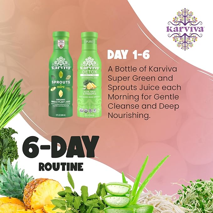 Karviva Organic Juice Cleanse for Liver Detox & Hormone Health - Ancient Remedies with Broccoli Sprouts, Aloe Vera, Kale, Kiwi, Ginger - Low-Sugar, Prebiotic, Fiber, Antioxidants (6 BPA-Free, Toxin-Free Bottles, 12 oz Each)