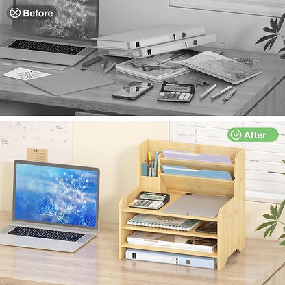 Desk File Organizer - 6-Tier Desktop Mail Letter Tray Paper Document Organizer with Pen Holder for Home Office Supplies, Office Desk Accessories & Workspace (Nature)