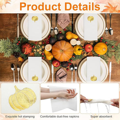Janlaugh 100 Pcs Gold Thanksgiving Linen Disposable Bathroom Hand Towels Pumpkin Maple Leaves Foil Stamped Guest Napkins 12"x17" Paper Towels for Bathroom Home Lunch Dinner Kitchen(Pumpkin)