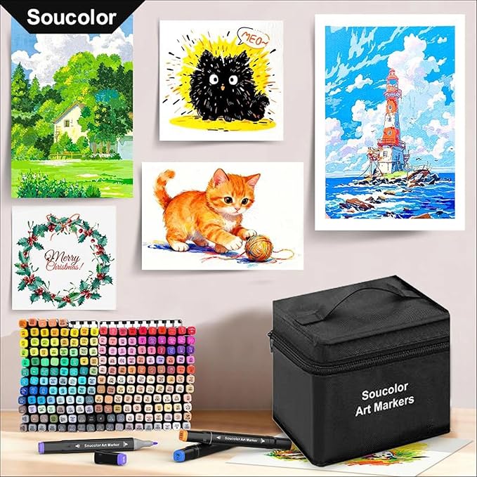 Soucolor Alcohol Markers, 80 Colors Dual Brush Tip Permanent Art Coloring Marker for Book Painting Card Making, Art Supplies Gift Box for Adults Teens Kids Boys Girls 8-12