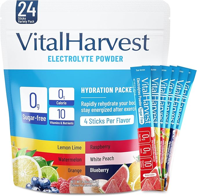 VitalHarvest 24 Sticks Electrolytes Powder Packets 6 Flavors Sugar Free Hydration Packets Electrolyte Liquid Daily IV Drink Mix with Lemon Lime, Watermelon, Orange, Raspberry, White Peach, Blueberry