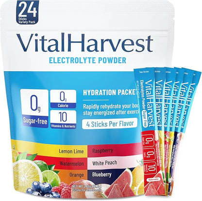 VitalHarvest 24 Sticks Electrolytes Powder Packets 6 Flavors Sugar Free Hydration Packets Electrolyte Liquid Daily IV Drink Mix with Lemon Lime, Watermelon, Orange, Raspberry, White Peach, Blueberry