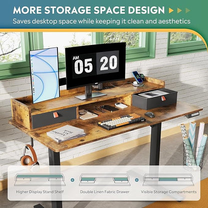 DEVAISE 48×24 Inch Electric Standing Desk with Drawers, Computer Desk with 3 Adjustable Height, Storage Shelf, Built-in 2 AC + 2 USB Outlets and Memory Preset, Sit to Stand Desk for Home Office, White
