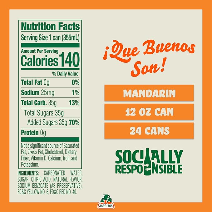 Jarritos - Mexican Soda Soft Drinks, Mandarin (12 oz, 355ml) 24 Cans (3 Boxes of 8) - Real Cane Sugar - 140 Calories, 0g Fat - Made in Mexico - Natural Flavor Soda Pop - Party & BBQ Beverages