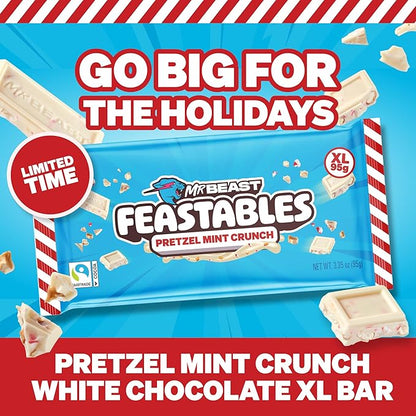 Feastables MrBeast Pretzel Mint Fudge Crunch Bar, Extra Large Size Candy Bar for Adults & Kids, Candy Bars for Snacks, Gifts, or Dessert, Made With Fairtrade Cocoa, 3.35 Oz Each, 12 Count