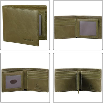 VISOUL Men's Bifold Wallet with 2 ID Windows, Genuine Leather Card Holder Front Pocket Wallet with RFID Blocking for Men (Green)
