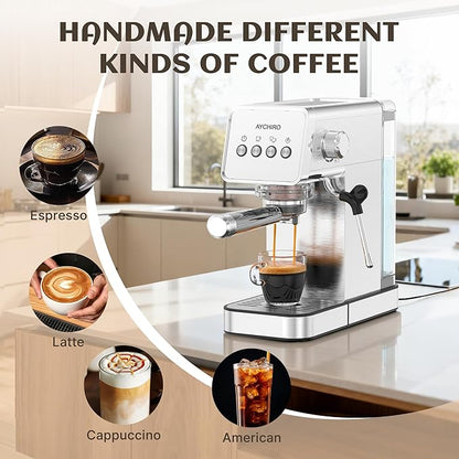 Espresso Machine with Steam Milk Frother, 20 Bar Professional Espresso Coffee Maker for Latte & Cappuccino, 1-Touch Control, Stainless Steel Housing, Removable Water Tank & Drip Tray