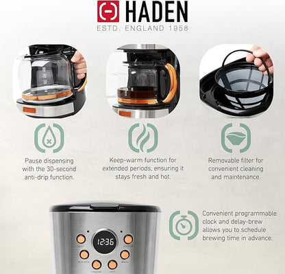 HADEN Heritage 1.7 Liter Stainless Steel Electric Kettle Bundled with 12 Cup Drip Coffee Maker, Coffee Machine with Auto Shut-Off, Steel & Copper