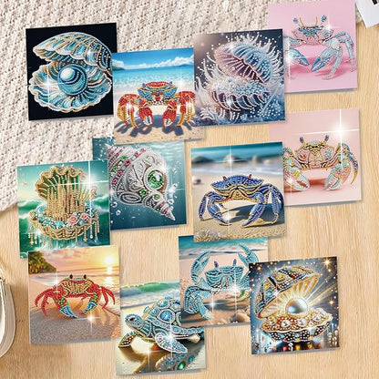 jinglinhh 12pcs Diamond Art Painting Beach Crab Seashell Conch Seaturtle Greeting Cards with Envelopes, DIY Card Making Kits for Adults, Diamond Art Postcards Christmas Cards Craft Gifts