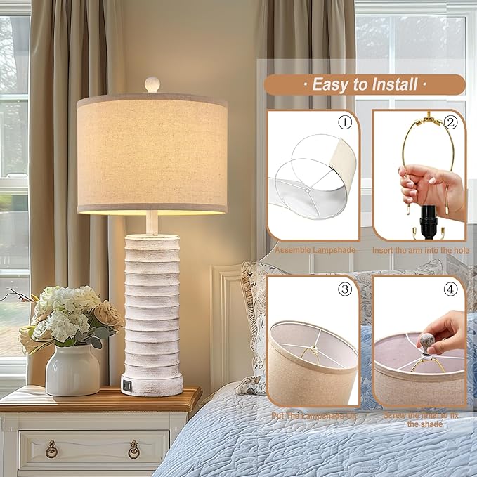 27.5'' Tall Farmhouse Table Lamps for Living Room Set of 2, Rustic Bedroom Lamps for Night Stands, Bedside Lamps with USB Ports for Bedroom Living Room, Nightstand Lamps for End Table, Hallway