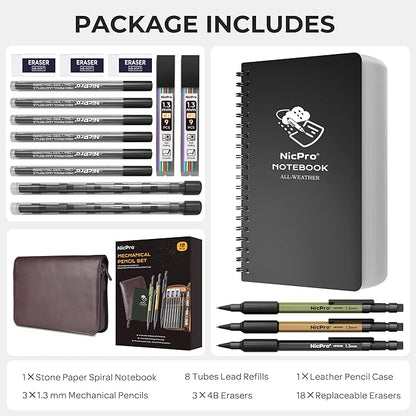 Nicpro 1.3mm Mechanical Pencil Set in Leather Bag with Waterproof Field Notebooks, 3PCS Metal Heavy Duty Carpenter Pencil with Lead Refill & Eraser for Outdoor Journal Travel Drafting Drawing