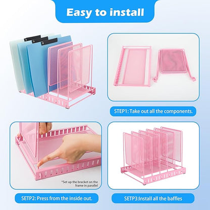 EASEPRES 5 Section Vertical Metal Mesh Desk File Organizer, Spacing Adjustable Upright Desktop Paper Mail Document Magazine Sorter Folder Holder for Workspace Office School Home, Pink