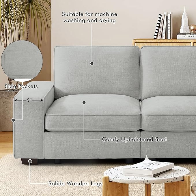 TEKAMON 100"" Modular Sectional Sofa with Seats Storage, U Shaped Couch with Movable Ottomans, Chenille Fabric Couch for Living Room, Removable Cover (LightGrey, 3 Seater & 2 Ottomans-U Shape)