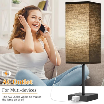Table Lamp for Bedroom set of 2,3-Color Bedside Lamps with Pull Chain Table Lamps for Nightstand with AC Outlets,18'' Night Light Lamps with 2 Bulbs Lamps for Living Room Kids Office Decor（Black）