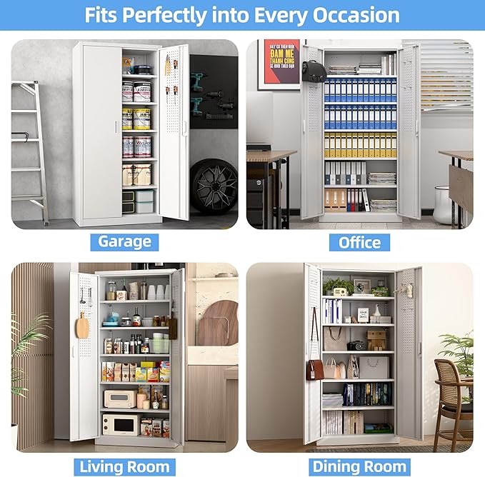 71"H×34"W×18"D Metal Garage Storage Cabinet with Lock and Pegboard, Steel Lockable File Cabinet with 2 Doors and 5 Adjustable Shelves for Office,Home,Garage, Storage, Assembly Required, White