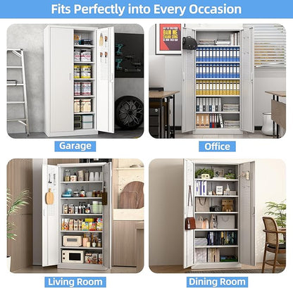 71"H×34"W×18"D Metal Garage Storage Cabinet with Lock and Pegboard, Steel Lockable File Cabinet with 2 Doors and 5 Adjustable Shelves for Office,Home,Garage, Storage, Assembly Required, White