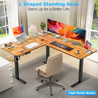 63″ L Shaped Standing Desk Electric Adjustable Height with A/C Charging Port, Large Corner Desk & Storage, Sit Stand Computer Table, Raised L-Shaped Workstation with Splice Board for Home Office