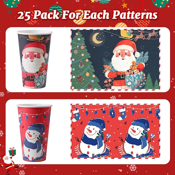 50 Pack 16 oz Christmas Coffee Cups with Lids, Holiday Disposable Paper Cups for Xmas Party Drinks, Hot Cocoa, Hot Chocolate, Cold Beverage