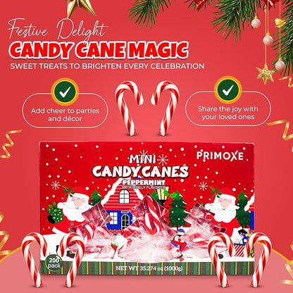 Christmas Mini Candy Canes - Red & White Peppermint Individually Wrapped for Holiday Indulgence - Bulk Christmas Candy for Kids & Adults - Holiday Decorations & Treats, 200 Pack