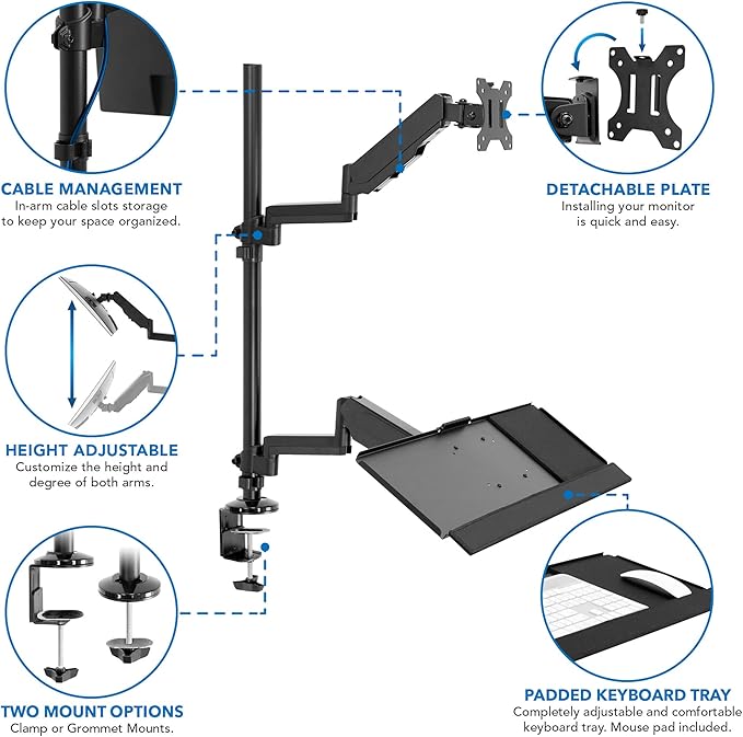 MOUNT-IT! Sit Stand Monitor Desk Mount [Fits 32" Screens] Height Adjustable, Full-Motion Articulating Arm with Keyboard Tray and Cable Management (Black)