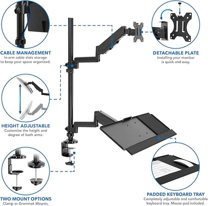 MOUNT-IT! Sit Stand Monitor Desk Mount [Fits 32" Screens] Height Adjustable, Full-Motion Articulating Arm with Keyboard Tray and Cable Management (Black)