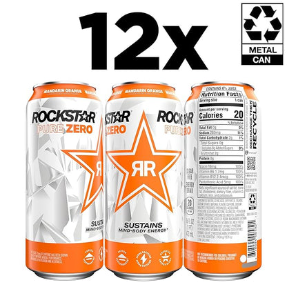 Rockstar Pure Zero Energy Drink, Orange, 0 Sugar, with Caffeine and Taurine, 16oz Cans (12 Pack) (Packaging May Vary)