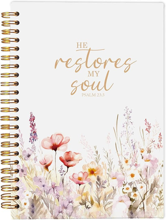 Christian Notebook for Women, Christian Art Gifts Journal, Prayer Journal for Women, Bible Journaling Notebook, PSALM 23:3 He Restores My Soul Floral Spiral Notebook 5.5x8.3