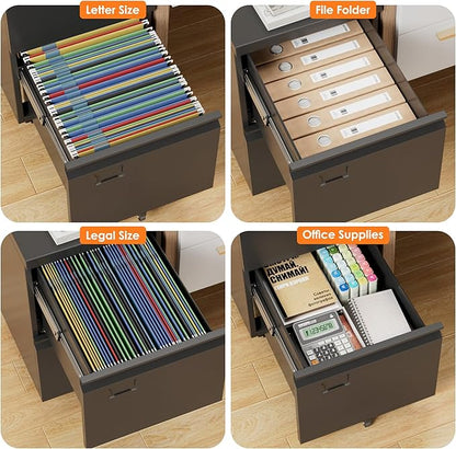 SUXXAN 2 Drawer File Cabinet with Wheels, Under Desk Drawer with Lock Name Card Holder for Home Office, Metal Filing Cabinet for Legal/Letter Size, Assembly Required
