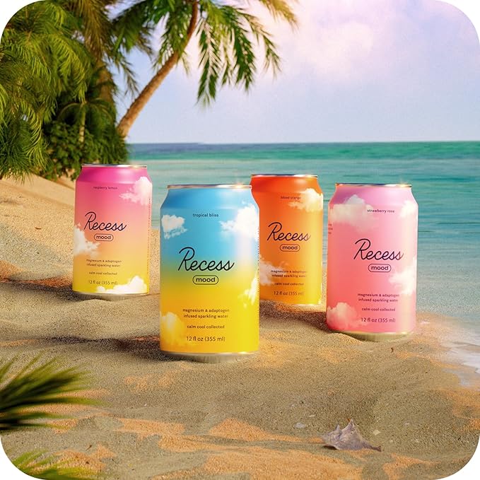 Recess Mood Magnesium & Adaptogen Drink, Relaxation Beverage, 12 Ounce (Paradise Sampler Variety Pack, 12 Pack)