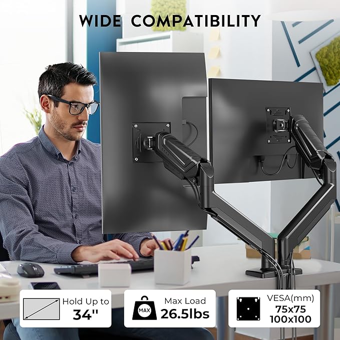 BONTEC Dual Monitor Stand for 15-34 Inch Screens, Gas Spring Adjustable Monitor Arm, Full Motion VESA 75x75/100x100mm Desk Mount with Tilt, Swivel, Rotation, Ergonomic Design for Home Office or Gaming