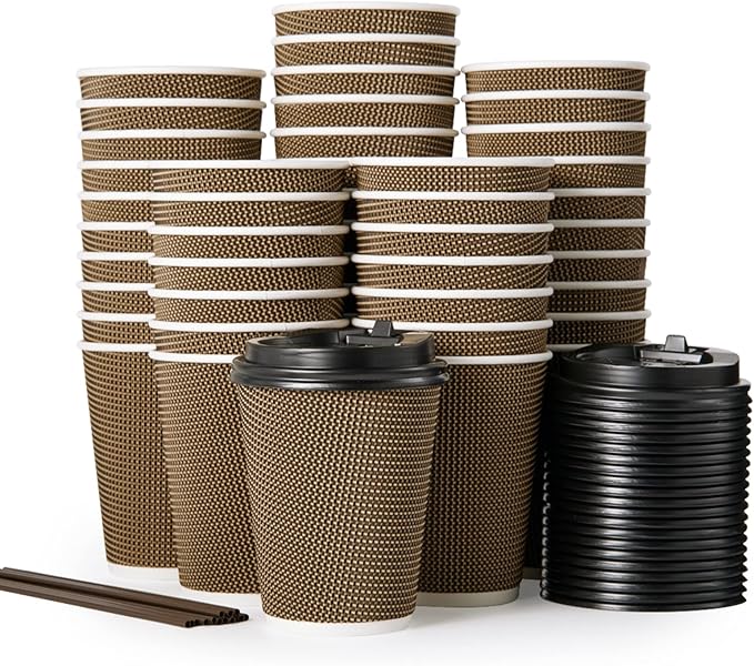 LITOPAK 80 Pack 12 oz Paper Coffee Cups, Insulated Ripple Wall Hot Coffee Cups with Lid and Straws, Brown Three Layer Insulated Hot Beverage Cups for Parties, Picnic, and Travel