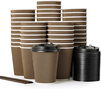 LITOPAK 80 Pack 12 oz Paper Coffee Cups, Insulated Ripple Wall Hot Coffee Cups with Lid and Straws, Brown Three Layer Insulated Hot Beverage Cups for Parties, Picnic, and Travel