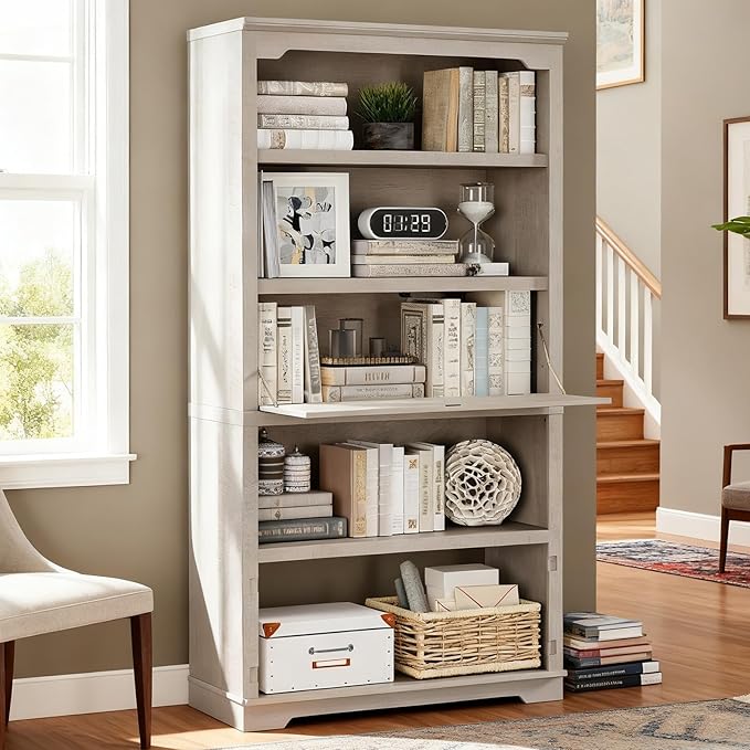 HIFYOBRO 5 Tier Bookcase Wooden 71" Tall Bookshelf with Flip-Down Door on 3rd Book Shelf, 37 in Wide Freestanding Bookshelves for Home, Office, Library (White)