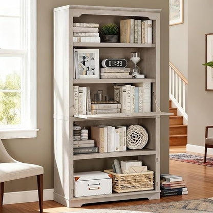 HIFYOBRO 5 Tier Bookcase Wooden 71" Tall Bookshelf with Flip-Down Door on 3rd Book Shelf, 37 in Wide Freestanding Bookshelves for Home, Office, Library (White)