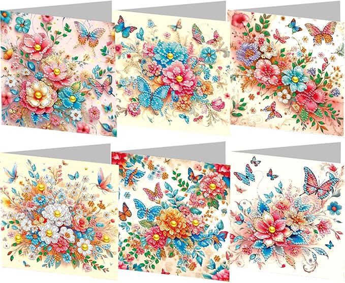 6pcs DIY Flower Butterfly Diamond Art Painting Greeting Cards Kit, Rhinestone Art Holiday Birthday Card Set with Envelopes, DIY Festival Craft for Girlfriend, Christmas Valentine Gift Making Supplies